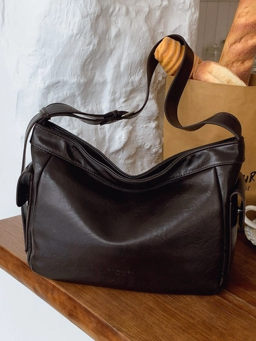 Sac Fourre-Tout Vintage en Similicuir PU pour Femmes Grande Capacité Mode Plissé Sac Bandoulière Décontracté Navette Sac à Main Femme