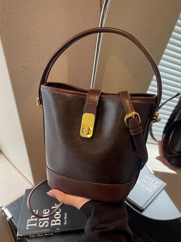 Women Retro PU Leather Bucket Bag Contrast Color Shoulder Crossbody Handbag With Metal Lock Elegant Daily Versatile Top Handle Bag