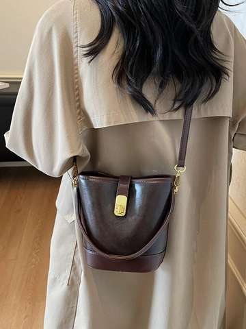 Women Retro PU Leather Bucket Bag Contrast Color Shoulder Crossbody Handbag With Metal Lock Elegant Daily Versatile Top Handle Bag