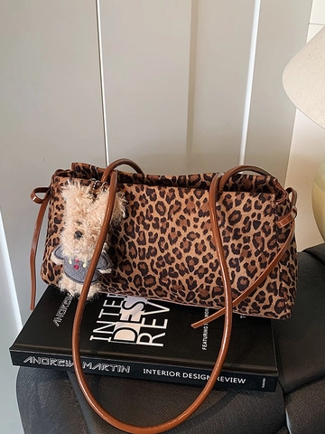 Bolso de Axila Vintage de PU con Estampado de Leopardo para Mujer Bolso de Hombro Gran Capacidad Tote Casual con Colgante Peluche