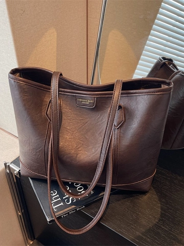 Bolso Tote de Cuero PU de Gran Capacidad para Mujer Simple Casual Vintage Bolso de Hombro Conmutador de Compras Color Sólido