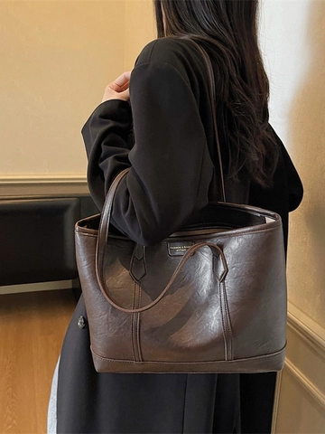 Bolso Tote de Cuero PU de Gran Capacidad para Mujer Simple Casual Vintage Bolso de Hombro Conmutador de Compras Color Sólido