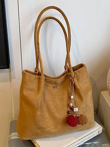 Bolso de Mano de PU Efecto Gamuza para Mujer Gran Capacidad Bolso de Hombro Minimalista Vintage Con Colgante de Pompones Color Sólido