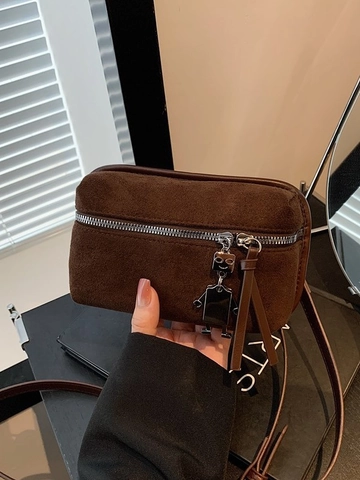 Damen Retro Frosted Suede Textur PU Umhängetasche Urban Fashion Kleine Quadratische Tasche Mit Metall Roboter Anhänger Reißverschluss