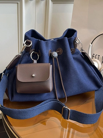 Sac Seau en Toile Grande Capacité pour Femmes Vintage Couleur Contrastée Cordon Bandoulière Sacoche Avec Mini Pochette Amovible