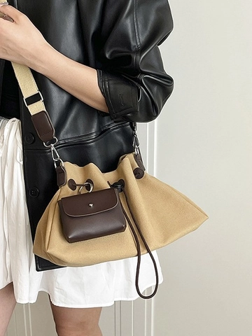 Sac Seau en Toile Grande Capacité pour Femmes Vintage Couleur Contrastée Cordon Bandoulière Sacoche Avec Mini Pochette Amovible