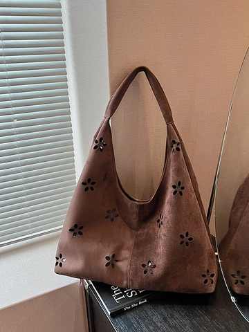 Vintage Suede Fabric Hollow Out Flower Tote Bag Large Capacity Laser Cut Shoulder Hobo Bag For Women Casual Daily Commuter Bag