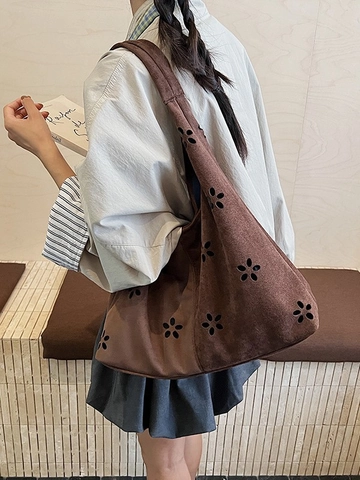 Vintage Suede Fabric Hollow Out Flower Tote Bag Large Capacity Laser Cut Shoulder Hobo Bag For Women Casual Daily Commuter Bag