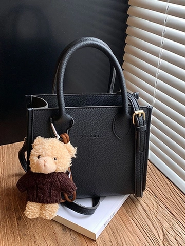 Borsa a Secchiello da Donna in Pelle PU con Motivo Litchi Retrò Piccola Borsa a Tracolla a Mano con Ciondolo a Forma di Orsetto