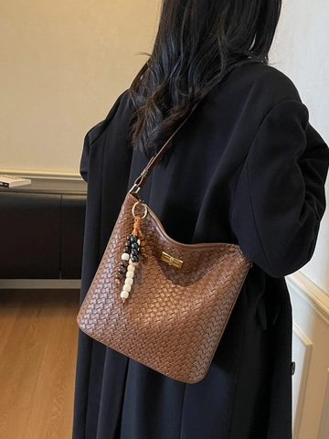 Damen Gewebte Eimertasche Vintage PU Leder Schulter Umhängetasche Mit Perlenanhänger Minimalistische Retro Handgewebte Tasche