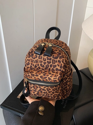 Petit Sac à Dos Tendance pour Femme avec Imprimé Léopard en Similicuir PU Décoration de Noeud et Fermeture Éclair Dorée