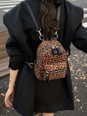 Petit Sac à Dos Tendance pour Femme avec Imprimé Léopard en Similicuir PU Décoration de Noeud et Fermeture Éclair Dorée
