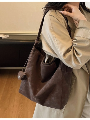 Vintage PU Leather Large Capacity Tote Bag For Women Solid Color Simple Shoulder Bag Fashion Commuter Hobo Bag With Mini Pouch