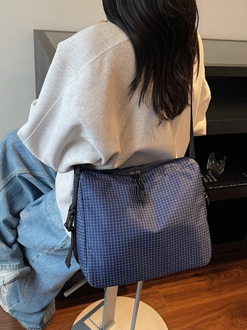 Large Capacity Plaid Canvas Crossbody Bag For Women New Casual Shoulder Tote Bag For University Students Zipper Closure