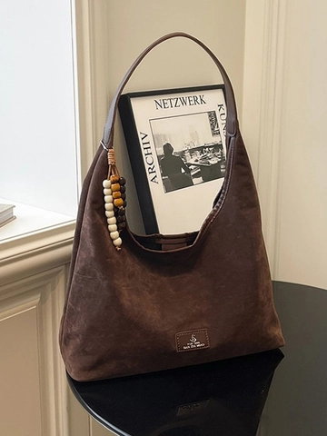 Borsa a Tracolla Hobo Vintage di Grande Capacità per Donna in Similpelle Scamosciata Borsa Tote con Pendente di Perline per Pendolari
