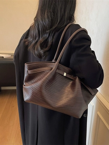 Bolso Tote de Cuero PU Tejido para Mujer Gran Capacidad Bolso de Hombro para Viaje Axila con Hebilla de Metal Estilo Minimalista Versátil