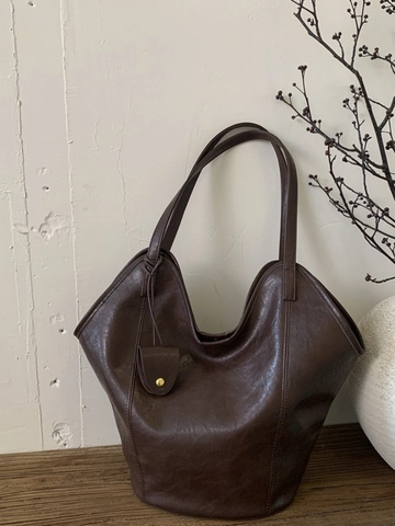 Vintage Maillard PU Leather Tote Bag Large Capacity Pleated Shoulder Bag Casual Commuter Bucket Handbag For Women