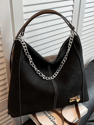 Zaino in Pelle PU Vintage di Grande Capacità per Donna Borsa a Tracolla Multifunzionale Con Catena Argentata e Cuciture a Contrasto