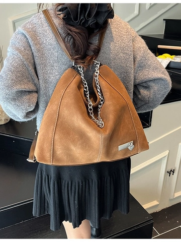 Zaino in Pelle PU Vintage di Grande Capacità per Donna Borsa a Tracolla Multifunzionale Con Catena Argentata e Cuciture a Contrasto