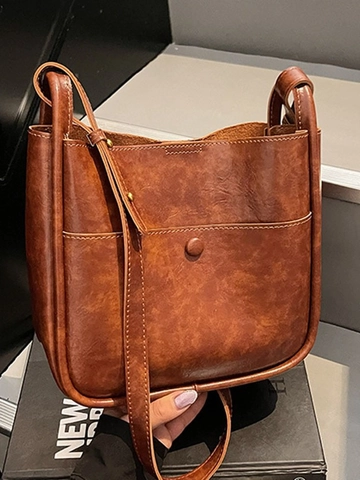 Bolso de Cubo de PU Retro para Mujer Bolso de Hombro Minimalista Con Correa Ajustable Bolso de Mano de Color Sólido