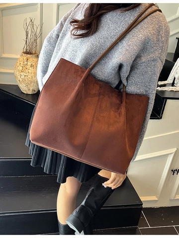 Borsa Tote in Pile Scamosciato Vintage di Grande Capacità per Donna Borsa a Tracolla Morbida Retro Con Tasca Interna Pendolare