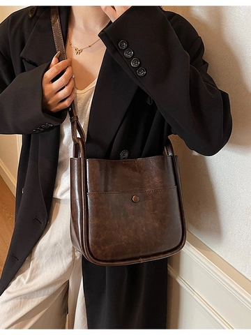 Bolso de Cubo de PU Retro para Mujer Bolso de Hombro Minimalista Con Correa Ajustable Bolso de Mano de Color Sólido