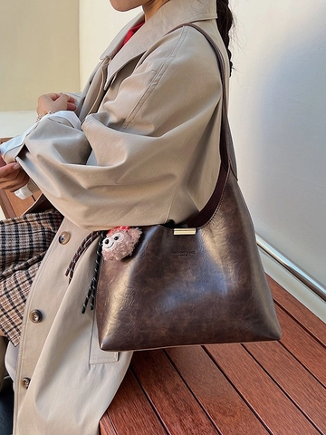 Vintage PU Leder Eimer Schultertasche Für Damen Große Kapazität Retro Tote Mit Plüschanhänger Lässige Tägliche Vielseitige Handtasche