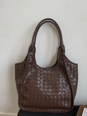 Damen Minimalistisch Gewebte PU Leder Tragetasche Große Kapazität Schultertasche Casual Pendler Handtasche Elegante Eimertasche
