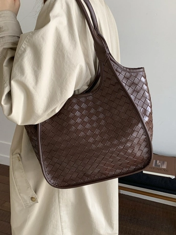 Damen Minimalistisch Gewebte PU Leder Tragetasche Große Kapazität Schultertasche Casual Pendler Handtasche Elegante Eimertasche