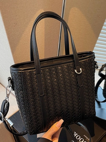 Women Retro PU Leather Woven Bucket Bag Small Handwoven Crossbody Tote Handbag With Adjustable Shoulder Strap Daily Fashion Purse