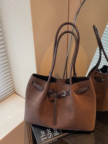 Retro Frosted PU Leather Large Capacity Tote Bag For Women Fashion Commuter Shoulder Bag Retro Spacious Solid Color Purse