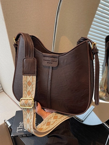 Vintage PU Leather Bucket Bag For Women Retro Solid Color Wide Ethnic Woven Strap Shoulder Crossbody Handbag Commuter Bag