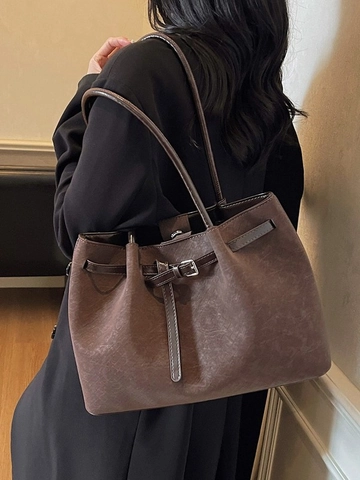 Retro Frosted PU Leather Large Capacity Tote Bag For Women Fashion Commuter Shoulder Bag Retro Spacious Solid Color Purse