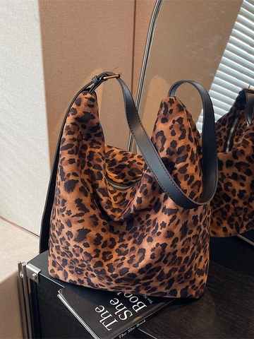 Retro Leopard Print Bucket Bag Large Capacity PU Leather Shoulder Crossbody Bag Fashion Casual Women Tote Satchel Bag
