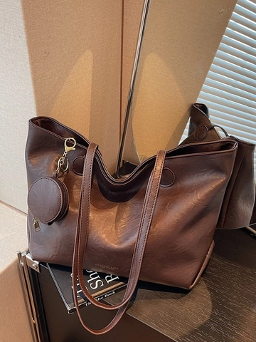 Women Large Capacity PU Leather Tote Bag With Round Pouch Stylish Shoulder Bag For Commute Retro Fashion Underarm Bag