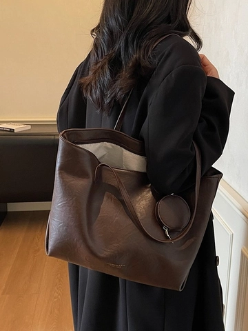 Women Large Capacity PU Leather Tote Bag With Round Pouch Stylish Shoulder Bag For Commute Retro Fashion Underarm Bag