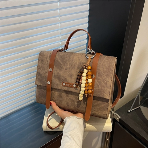 Vintage PU Leather Large Capacity Women's Backpack Retro Stone Texture Shoulder Bag With Wood Bead Charm Handheld Briefcase