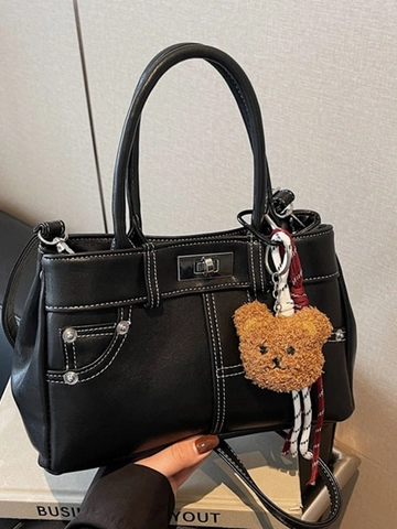 Vintage PU Leather Handbag For Women Contrast Stitching Shoulder Bag With Bear Pendant Retro Commuter Crossbody Bag Lock
