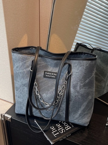 Borsa Tote in Pelle PU da Donna di Grande Capacità Borsa a Tracolla Vintage con Decorazione a Catena in Metallo Casual