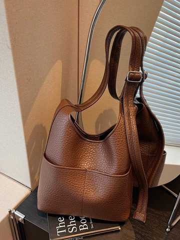 Borsa a Spalla Hobo da Donna in Pelle PU di Grande Capacità Texture al Litchi Borsa a Secchiello Casual Per Lavoro