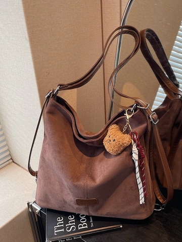 Borsa Hobo Vintage di Grande Capacità per Donna in Pelle PU Opaca Borsa a Tracolla con Ciondolo a Orsetto Borsa Casual per Pendolari