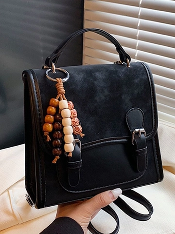 Mini Sac à Dos en Cuir PU Rétro pour Femmes Design de Niche Cartable Avec Pendentif en Perles de Bois Double Boucle Sac Mode