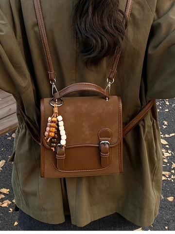 Mini Sac à Dos en Cuir PU Rétro pour Femmes Design de Niche Cartable Avec Pendentif en Perles de Bois Double Boucle Sac Mode
