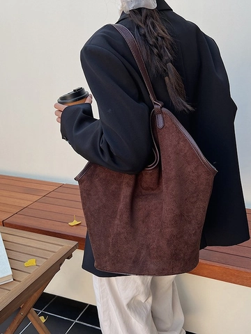 Borsa a Secchiello da Donna Minimalista in PU Pelle Scamosciata Grande Capacità Borsa a Tracolla Pendolare Vintage Tote Set