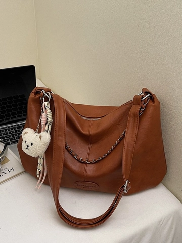 Large Capacity Vintage PU Leather Hobo Bag For Women With Metal Chain Decoration Plush Bear Pendant Commute Crossbody Bag