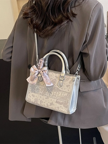 Vintage Butterfly Embroidery Canvas Tote Bag For Women Luxurious Mini Square Crossbody Bag With Satin Scarf Bow Handbag