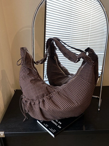 Sac à Épaule Hobo Gingham de Grande Capacité pour Femmes Vintage Plissé avec Cordon Sac Bandoulière en Tissu Décontracté