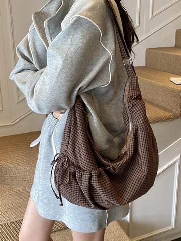 Sac à Épaule Hobo Gingham de Grande Capacité pour Femmes Vintage Plissé avec Cordon Sac Bandoulière en Tissu Décontracté
