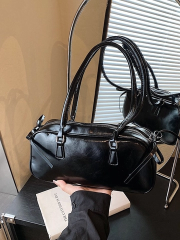 Bolso de Axila Retro de Cuero PU Brillante para Mujer Chic Boston Bolso de Hombro Con Lazo Decorativo Color Sólido Uso Diario