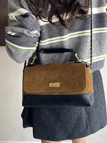 Borsa a Tracolla Retro con Cuciture Trapuntate per Donna Vintage in Pelle PU Scamosciata con Catena Borsa a Mano Quadrata